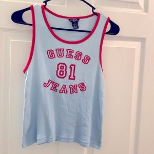 Guess Vintage Blue Ribbed Graphic Tank Top, Size Medium